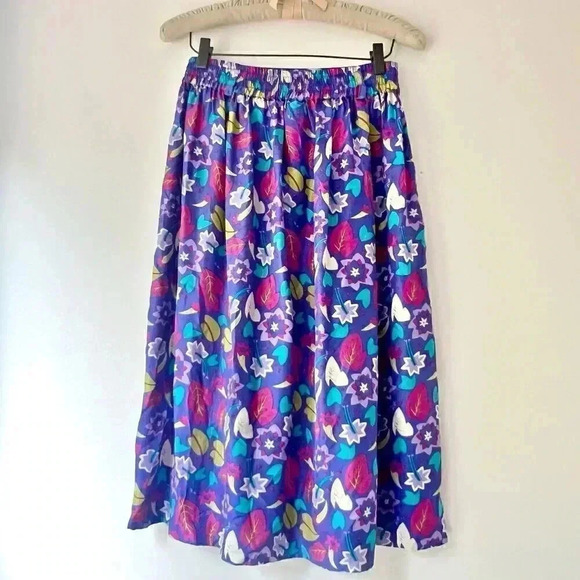 Vintage 80’/90’s 100% Silk Bright Floral Retro Midi Skirt A-line Women’s Size 10 - Picture 5 of 16